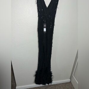 Sophia Sequin Feather Jumpsuit - Black